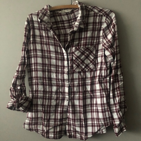 White & burgundy thin cotton-blend plaid shirt M - Picture 1 of 5